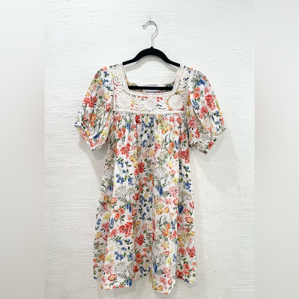 Mi Golondrina Floral Embroidered Square Neck Puff Sleeve Dress